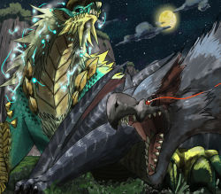 Rule 34 | bad id, bad pixiv id, blue eyes, capcom, claws, cloud, dragon, electricity, fang, horns, kai (gunbollgx), monster, monster hunter, monster hunter (series), monster hunter portable 3rd, moon, nargacuga, night, no humans, open mouth, red eyes, sky, wyvern, zinogre