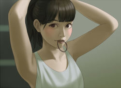 Rule 34 | 1girl, armpits, arms behind head, bare shoulders, black eyes, black hair, blunt bangs, blush, collarbone, cristalavi, indoors, lips, looking at viewer, medium hair, mouth hold, nose, parted lips, photo-referenced, ponytail, real life, realistic, shirt, solo, tank top, tying hair, upper body, white shirt