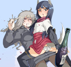 Rule 34 | 2girls, animal ears, ass, black hair, bottle, brown eyes, character request, cigarette, cup, drinking glass, grey hair, highres, jacket, long hair, long sleeves, looking at viewer, looking back, multiple girls, panties, sitting, sitting on person, tabigarasu, tail, thighhighs, underwear, white panties, wine glass, world witches series, yuri