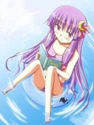 Rule 34 | 1girl, bikini, book, crescent, crescent hair ornament, female focus, hair ornament, long hair, lowres, no headwear, patchouli knowledge, pink eyes, purple hair, solo, striped bikini, striped clothes, swimsuit, toshihiro, touhou, water