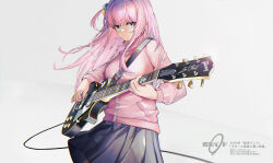 Rule 34 | 1girl, absurdres, black skirt, blurry, bocchi the rock!, breasts, closed mouth, commentary, cowboy shot, cube hair ornament, depth of field, electric guitar, facing viewer, gibson les paul, gotoh hitori, green eyes, guitar, hair ornament, highres, holding, holding instrument, holding plectrum, instrument, jacket, jia redian ruzi ruzi, large breasts, long hair, long sleeves, looking at object, music, one side up, pink hair, pink jacket, playing instrument, pleated skirt, plectrum, simple background, skirt, solo, standing, track jacket, white background