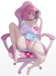 Rule 34 | 1girl, ahoge, armpit crease, bare legs, barefoot, belt collar, blue hair, blush, bob cut, bone print, breasts, cellphone, chair, choker, collar, collarbone, colored inner hair, eyebrows hidden by hair, fang, feet, fingernails, gaming chair, gradient background, hair intakes, heart, heart-shaped lock, heart collar, heart on chest, heart print, highres, holding, holding phone, huge breasts, idolmaster, idolmaster cinderella girls, idolmaster cinderella girls starlight stage, knee up, large breasts, legs, light blue hair, looking at viewer, lower teeth only, multicolored hair, open mouth, oversized clothes, oversized shirt, panties, pantyshot, phone, pink choker, pink eyes, pink hair, pink heart, pink panties, print shirt, raised eyebrows, ruinabyss, selfie, shirt, short sleeves, single bare shoulder, sitting, skeleton print, skin fang, smartphone, solo, sparkle print, swivel chair, t-shirt, teeth, thighs, toenails, two-tone hair, underwear, white background, white shirt, yumemi riamu