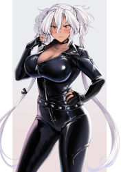 Rule 34 | 1girl, absurdres, alternate costume, biker clothes, bikesuit, black bodysuit, black gloves, bodysuit, breasts, cleavage, contrapposto, cowboy shot, dark-skinned female, dark skin, gloves, gradient background, grey-framed eyewear, grey background, hand on own hip, highres, kantai collection, large breasts, light brown hair, looking at viewer, musashi (kancolle), musashi kai ni (kancolle), open bodysuit, open clothes, partially fingerless gloves, red eyes, semi-rimless eyewear, silver hair, skin tight, solo, standing, twintails, two side up, yunamaro, zipper