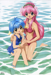 Rule 34 | 00s, 2girls, absurdres, age difference, animal ears, anklet, arm around neck, barefoot, bikini, blue eyes, blue hair, blue one-piece swimsuit, blush, bow, bracelet, breasts, brooch, casual one-piece swimsuit, child, cleavage, clenched hand, crease, feet, flat chest, flower, frilled swimsuit, frills, front-tie bikini top, front-tie top, galaxy angel, hagiya yasunari, hair between eyes, hair flower, hair ornament, hairband, hand on another&#039;s shoulder, happy, highres, holding hands, hug, interlocked fingers, jewelry, kneeling, long hair, looking at viewer, megami magazine, milfeulle sakuraba, mint blancmanche, multiple girls, navel, necklace, official art, one-piece swimsuit, outdoors, partially submerged, pink bikini, pink hair, scan, short hair, side-tie bikini bottom, sideboob, sidelocks, sitting, smile, swimsuit, very long hair, wading, water, yellow eyes