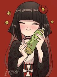 Rule 34 | 1girl, asa no ha (pattern), black hair, blunt bangs, blush, bottle, choker, closed eyes, closed mouth, collarbone, commentary request, eyeliner, facing viewer, fate/grand order, fate (series), flower, flower (symbol), green tea, haori, happy, happy aura, highres, hime cut, holding, holding bottle, japanese clothes, kimono, komahime (fate), long hair, o-miya (ohmiya you), obi, obijime, red background, red eyeliner, red lips, sash, signature, simple background, smile, solo, tea, translation request, two-handed, upper body, white kimono, yellow flower