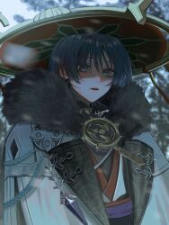 Rule 34 | 1boy, 4the2ofus, artist name, belt, black shirt, blue eyes, blue hair, blunt ends, blurry, blurry background, branch, coat, crystal, day, eyeshadow, forest, fur-trimmed coat, fur trim, genshin impact, gold necklace, hair between eyes, hat, highres, jacket, jewelry, jingasa, lapels, lips, long sleeves, looking at viewer, makeup, male focus, mandarin collar, mitsudomoe (shape), nature, necklace, official alternate costume, open clothes, open jacket, open mouth, outdoors, purple belt, red eyeshadow, red hat, scaramouche (genshin impact), shirt, short hair, sky, snowing, solo, standing, teeth, tomoe (symbol), tree, white coat, white sky, winter, winter clothes