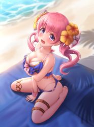 Rule 34 | 1girl, arm under breasts, barefoot, beach towel, bikini, blue bikini, blush, breasts, cementite, cleavage, feet, from above, full body, highres, long hair, looking at viewer, medium breasts, outdoors, pink hair, princess connect!, purple eyes, sitting, soles, solo, swimsuit, tagme, thigh strap, towel, tsumugi (princess connect!), tsumugi (summer) (princess connect!), twintails, wariza, water