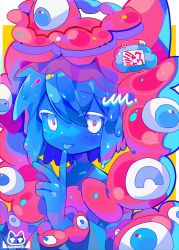 Rule 34 | 1girl, artist logo, blush, creature, expo2025, eyeball, highres, index finger raised, looking to the side, monster girl, myaku-myaku, original, pink eyes, safety pin, short hair, slime (creature), slime (substance), slime girl, smile, solo, tongue, tongue out, translation request, uenomigi, white eyes, wristband