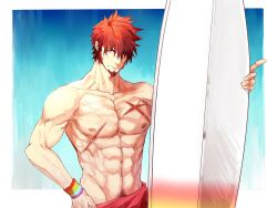 Rule 34 | 1boy, abs, alternate costume, alternate hairstyle, beard, blue eyes, bracelet, brown hair, day, facial hair, fate/grand order, fate (series), holding, holding surfboard, jewelry, large pectorals, long sideburns, looking at viewer, male focus, muscular, napoleon bonaparte (fate), navel, outdoors, pectorals, q307011598, rainbow gradient, scar, topless male, simple background, solo, surfboard, swimsuit, tank top, wet, wet clothes, wet hair