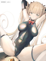 Rule 34 | 1girl, azur lane, blonde hair, blue eyes, blue one-piece swimsuit, bow, breasts, cameltoe, covered navel, dead or alive, dead or alive xtreme, detached sleeves, frilled swimsuit, frills, hands in hair, highres, impossible clothes, long hair, looking at viewer, marie rose, medium breasts, one-piece swimsuit, red bow, shiny clothes, skin tight, solo, spread legs, swimsuit, thigh strap, very long hair, yusha m
