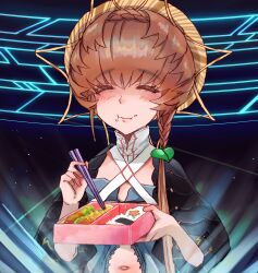 Rule 34 | 1girl, absurdres, bento, black background, black sleeves, blue overalls, blush, braid, brown hair, chewing, chopsticks, closed eyes, closed mouth, eating, fate/grand order, fate (series), food, food on face, highres, holding, holding bento, holding chopsticks, hologram, navel, orange headwear, overalls, puffy sleeves, rice, shimogamo (shimomo 12), side braid, solo, striped clothes, striped headwear, upper body, van gogh (fate)