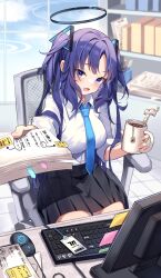 1girl :d black_halo black_skirt blue_archive blue_eyes blue_necktie bookshelf breasts chair cloud collared_shirt commentary computer_keyboard computer_mouse cup drink english_commentary halo highres holding holding_cup holding_paper kuri_(animejpholic) mug necktie open_mouth paper paper_stack pleated_skirt purple_hair shirt sitting skirt smile solo tongue two_side_up white_shirt window yuuka_(blue_archive)