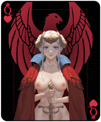Rule 34 | 1girl, animal print, aztodio, bird print, black background, blush, breasts, breasts apart, cape, card, card (medium), collarbone, crown, edelgard von hresvelg, emblem, fire emblem, fire emblem: three houses, gem, heart, highres, holding, holding sword, holding weapon, horn ornament, horns, large breasts, long hair, looking at viewer, medium breasts, naked cape, nintendo, nipples, nude, playing card, purple eyes, queen (playing card), queen of hearts (playing card), red cape, solo, sword, updo, upper body, weapon, white hair