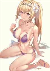 Rule 34 | 1girl, arm support, bad id, bad twitter id, bikini, blonde hair, blue eyes, breasts, collarbone, commentary request, flower, front-tie bikini top, front-tie top, granblue fantasy, grey background, hair flower, hair ornament, hairband, halterneck, hand up, jeanne d&#039;arc (granblue fantasy), large breasts, long hair, looking at viewer, navel, parted lips, ponytail, purple bikini, revision, sandals, side-tie bikini bottom, simple background, sitting, sola (solo0730), solo, swimsuit, very long hair, wariza