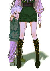Rule 34 | 1boy, 1girl, arms at sides, black footwear, black hair, blurry, boots, brother and sister, clinging, commentary, drawstring, fingernails, genderswap, genderswap (mtf), green skirt, hand on another&#039;s shoulder, hand on own thigh, hand up, head out of frame, highres, hunter x hunter, illumi zoldyck, irpot, killua zoldyck, knee boots, leg grab, legs apart, miniskirt, pants, pencil skirt, sash, shadow, sharp fingernails, shoes, short hair, siblings, simple background, skirt, spiked hair, white background, white hair, white pants