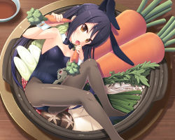 Rule 34 | 1girl, amamiya minato, animal ears, bare arms, bare shoulders, black hair, black pantyhose, blush, brown eyes, carrot, collar, detached collar, fake animal ears, food, high heels, in container, in food, k-on!, legs, leotard, long hair, lying, mini person, minigirl, mushroom, nakano azusa, open mouth, oversized object, pantyhose, playboy bunny, pot, rabbit ears, sexually suggestive, solo, tofu, ton-chan, tongue, tongue out, turtle, twintails, vegetable, wrist cuffs