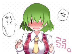 Rule 34 | 1girl, ascot, bad id, bad pixiv id, blush, embarrassed, green hair, hammer (sunset beach), kazami yuuka, looking at viewer, open mouth, polka dot, polka dot background, short hair, solo, touhou, translation request, upper body, | |, || ||