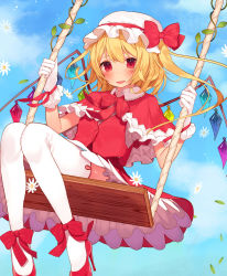Rule 34 | 1girl, bad id, bad nicoseiga id, blonde hair, blush, bow, capelet, dress, flandre scarlet, flower, footwear bow, frills, gloves, hat, hat bow, high heels, highres, kitada mo, looking at another, mob cap, plant, red dress, red eyes, shoes, side ponytail, solo, swing, thighhighs, third eye, touhou, vines, white gloves, white thighhighs, wings