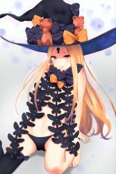 Rule 34 | 1girl, abigail williams (fate), abigail williams (second ascension) (fate), black bow, black hat, black panties, blonde hair, blush, bow, closed mouth, commentary request, fate/grand order, fate (series), hat, hat bow, highres, keyhole, long hair, navel, orange bow, panties, parted bangs, print bow, red eyes, revealing clothes, ripi ur, sitting, smile, solo, star (symbol), star print, stuffed animal, stuffed toy, teddy bear, topless, underwear, very long hair, witch hat