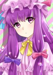 Rule 34 | 1girl, blue bow, blue ribbon, bow, bowtie, capelet, check commentary, commentary request, hair bow, hat, hat ribbon, highres, light particles, mob cap, patchouli knowledge, ptnnfudgbpkvn71, purple eyes, red bow, red ribbon, ribbon, solo, striped, striped background, touhou, upper body, yellow bow, yellow bowtie