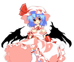 Rule 34 | 1girl, bat wings, blue hair, fang, female focus, gin (shioyude), hat, red eyes, remilia scarlet, solo, thighhighs, touhou, white thighhighs, wings