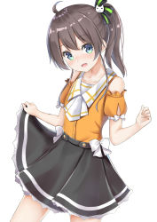 Rule 34 | 1girl, ahoge, blue eyes, blush, brown hair, casual, clothes lift, collarbone, fuji noyume, hair ornament, highres, hololive, lifted by self, looking at viewer, natsuiro matsuri, open mouth, ribbon, side ponytail, simple background, skirt, skirt lift, solo, virtual youtuber, white background