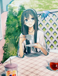 Rule 34 | 10s, 1girl, bird, black hair, blouse, blue eyes, casual, cup, earrings, eyelashes, fence, glasses, hairband, holding, holding cup, jewelry, kantai collection, long hair, long sleeves, looking away, necklace, ooyodo (kancolle), open mouth, outdoors, plaid, plant, saucer, sayori (oskn), semi-rimless eyewear, shirt, smile, table, tablecloth, tea, teacup, teapot, white shirt