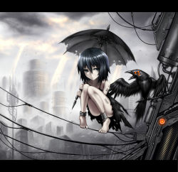 Rule 34 | 1girl, bare shoulders, barefoot, bird, black dress, blue eyes, blue hair, cable, city, cloud, crow, cyberpunk, dress, gia, letterboxed, light rays, matching hair/eyes, original, pale skin, scenery, short hair, solo, squatting, sunbeam, sunlight, umbrella, wire