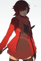 Rule 34 | 1girl, artist name, belt, black gloves, black thighhighs, blush, dress, fingerless gloves, gloves, grey eyes, holding, holding weapon, jacket, koyorin, lance, long sleeves, looking at viewer, open clothes, open jacket, polearm, red dress, red hair, red jacket, red scarf, ruby rose, rwby, scarf, short hair, simple background, smile, solo, thighhighs, watermark, weapon, web address, white background, zettai ryouiki