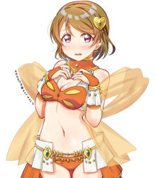 Rule 34 | 10s, 1girl, bikini, blush, breasts, bridal gauntlets, brown hair, cleavage, earrings, gem, hands on own chest, jewelry, koizumi hanayo, love live!, love live! school idol festival, love live! school idol project, medium breasts, navel, parted lips, purple eyes, shawl, short hair, simple background, skull573, solo, sukaru573, swimsuit, white background