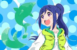 Rule 34 | 1girl, artist name, artist request, blue background, blue hair, blush, dolphin print, female focus, floating hair, hair between eyes, high ponytail, long hair, looking at viewer, love live!, love live! sunshine!!, matsuura kanan, open mouth, parted lips, polka dot, polka dot background, ponytail, purple eyes, shirt, smile, solo, teeth, upper body, upper teeth only, vest, white shirt
