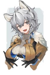 Rule 34 | 1girl, animal ears, arknights, black gloves, breasts, cliffheart (arknights), cliffheart (highlands visitor) (arknights), fang, fur-trimmed jacket, fur trim, gloves, grey eyes, grey hair, highres, hood, hood down, hooded jacket, jacket, leopard ears, leopard girl, long sleeves, looking at viewer, medium breasts, mikozin, official alternate costume, open clothes, open jacket, open mouth, ribbed sweater, short hair, skin fang, smile, solo, sweater, turtleneck, turtleneck sweater, upper body, white sweater, yellow jacket