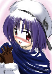 Rule 34 | 00s, 1girl, :d, beret, blush, brown gloves, caro ru lushe, full-face blush, gloves, hat, long sleeves, looking at viewer, lyrical nanoha, mahou shoujo lyrical nanoha, mahou shoujo lyrical nanoha strikers, open mouth, own hands clasped, own hands together, purple hair, red eyes, short hair, smile, solo, zerosu (take out)