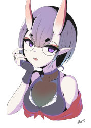 Rule 34 | 1girl, absurdres, bare shoulders, black-framed eyewear, black gloves, commentary request, covered collarbone, cropped torso, fate/grand order, fate (series), fingerless gloves, glasses, gloves, highres, horns, looking at viewer, oni, parted lips, purple eyes, purple hair, round eyewear, sato art, short eyebrows, shuten douji (fate), signature, simple background, skin-covered horns, solo, thick eyebrows, upper body, white background