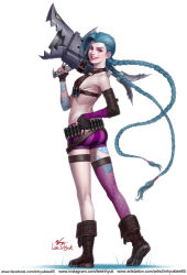 Rule 34 | 1girl, artist name, artstation username, ass, asymmetrical legwear, black gloves, blue tattoo, boots, braid, brown footwear, facebook username, fingerless gloves, flat chest, full body, gloves, grass, gun, highres, holding, holding gun, holding weapon, in-hyuk lee, instagram username, jinx (league of legends), league of legends, looking at viewer, mismatched legwear, nose, parted lips, purple eyes, simple background, solo, standing, striped, tattoo, teeth, vertical stripes, weapon, white background, whorled clouds