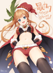 Rule 34 | 10s, 1girl, blonde hair, blue eyes, breasts, cape, christmas, clarisse (granblue fantasy), from below, gloves, granblue fantasy, hat, long hair, merry christmas, midriff, navel, santa hat, senji (tegone spike), smile, solo, thighhighs