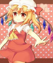 Rule 34 | 1girl, ascot, beniponzu, blonde hair, blush, breasts, closed mouth, collared shirt, cowboy shot, flandre scarlet, frilled ascot, frilled shirt collar, frilled sleeves, frills, hair between eyes, hat, head tilt, heart, heart background, light smile, looking at viewer, medium hair, mob cap, multicolored wings, one side up, puffy short sleeves, puffy sleeves, red background, red eyes, red skirt, red vest, shirt, short sleeves, simple background, skirt, skirt set, small breasts, solo, touhou, vest, white hat, white shirt, wings, yellow ascot