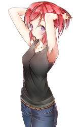 Rule 34 | 10s, 1girl, adjusting hair, alternate hairstyle, armpits, arms up, bare arms, belt, black shirt, blush, casual, collarbone, cowboy shot, denim, eyebrows, hachinatsu, hair tie, highres, jeans, looking at viewer, love live!, love live! school idol project, mouth hold, nishikino maki, pants, ponytail, purple eyes, red hair, shirt, simple background, sleeveless, sleeveless shirt, solo, tying hair, white background