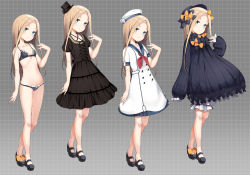 Rule 34 | 1girl, :o, abigail williams (fate), alternate costume, anchor symbol, arm at side, bare legs, bell (oppore coppore), beret, black bow, black bra, black dress, black footwear, black hat, black panties, blonde hair, bloomers, blue eyes, blush, bow, bra, breasts, closed mouth, collarbone, criss-cross halter, dress, fate/grand order, fate (series), fedora, forehead, full body, grey background, hair bow, halterneck, hat, hat bow, head tilt, high heels, highres, light brown hair, long hair, long sleeves, looking at viewer, mary janes, navel, neckerchief, no socks, open mouth, orange bow, panties, parted bangs, polka dot, polka dot bow, puffy long sleeves, puffy short sleeves, puffy sleeves, red neckerchief, ribbon-trimmed bra, sailor dress, sailor hat, shoes, short sleeves, sleeves past fingers, sleeves past wrists, small breasts, smile, standing, straight hair, top hat, underwear, underwear only, very long hair, white dress, white hat