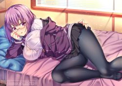 Rule 34 | 10s, 1girl, artist name, bedroom, black pantyhose, black skirt, blush, breasts, bursting breasts, collared shirt, commentary request, feet, gridman universe, highres, indoors, jacket, large breasts, light purple hair, long sleeves, looking at viewer, lying, miniskirt, no shoes, on bed, on side, pantyhose, pleated skirt, purple jacket, shinjou akane, shiny clothes, shirokuma a, shirt, short hair, skirt, solo, ssss.gridman, thighs, white shirt, window