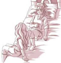 Rule 34 | 2girls, ?, alternate costume, arm support, blush, diana cavendish, hand on another&#039;s knee, kagari atsuko, little witch academia, long hair, looking at another, multiple girls, murasaki-yuri, on bed, scar, smile, socks, thighs