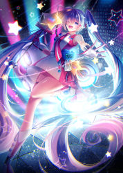 Rule 34 | 1girl, ;d, blue hair, boots, commentary, dress, dutch angle, english commentary, filiananna, floating hair, gloves, grey gloves, hair ornament, hatsune miku, headphones, highres, holding, knee boots, leg up, long hair, magical mirai (vocaloid), magical mirai miku, magical mirai miku (2022), multicolored hair, one eye closed, open mouth, pink hair, purple eyes, red gloves, short dress, sleeveless, sleeveless dress, smile, solo, standing, standing on one leg, two-tone gloves, very long hair, vocaloid