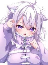 Rule 34 | 1girl, absurdres, ahoge, animal ear fluff, animal ears, blush, cat ears, cat girl, clothing request, highres, hololive, long hair, looking at viewer, nekomata okayu, nekomata okayu (membership), official alternate costume, open mouth, purple eyes, purple hair, shino nome, star (symbol), star in eye, symbol in eye, two side up, virtual youtuber, white background