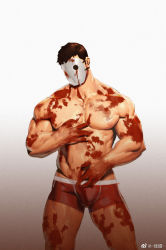 Rule 34 | 1boy, abs, bara, blood, blood on clothes, blood on face, boxer briefs, brown hair, bulge, feet out of frame, highres, large pectorals, male focus, male underwear, mask, muscular, muscular male, nipples, original, pectorals, red male underwear, short hair, solo, stomach, thick thighs, thighs, topless male, underwear, underwear only, white mask, xian miao