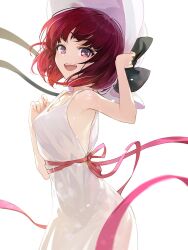 Rule 34 | 1girl, arima kana, armpits, black ribbon, bob cut, commentary, dress, goomrrat, hat, highres, holding, holding clothes, holding hat, inverted bob, looking at viewer, medium hair, open mouth, oshi no ko, pink ribbon, red eyes, red hair, ribbon, see-through silhouette, simple background, sleeveless, sleeveless dress, smile, solo, sundress, white background, white dress, white hat
