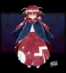Rule 34 | 1girl, black background, blue background, blue cloak, bow, bowtie, buttons, cloak, closed mouth, dated, full body, highly responsive to prayers, holding, holding wand, horns, long hair, long skirt, long sleeves, looking at viewer, outside border, parted bangs, print skirt, red bow, red bowtie, red eyes, red hair, red skirt, sakuragi rian, shingyoku (female), shingyoku (touhou), shirt, sidelocks, signature, skirt, socks, solo, standing, star (symbol), touhou, touhou (pc-98), traditional bowtie, wand, white shirt, white socks, zun (style)
