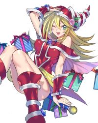 Rule 34 | 1girl, ;d, adjusting clothes, adjusting headwear, bare shoulders, blonde hair, blush stickers, boots, bracer, breasts, cape, choker, christmas, christmas ornaments, dark magician girl, detached collar, detached sleeves, duel monster, gift, green eyes, hand on headwear, hat, highres, jewelry, knees, large breasts, legs, long hair, looking at viewer, maruchi, necklace, off shoulder, one eye closed, open mouth, panties, panty peek, pink skirt, santa hat, shiny skin, simple background, sitting, sitting on object, skirt, smile, solo, spread legs, staff, thighs, third-party edit, underwear, white background, white panties, wind, wind lift, wink, wizard hat, yu-gi-oh!