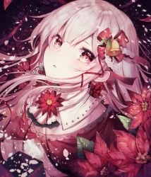 Rule 34 | 1girl, bell, commentary, english commentary, eyebrows hidden by hair, flower, hair between eyes, hair ornament, lace, leaf, noyu (noyu23386566), original, parted lips, pink hair, poinsettia, red eyes, red flower, shirt, solo, white shirt