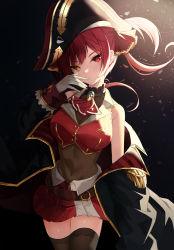 Rule 34 | 1girl, absurdres, ascot, bicorne, black background, black coat, black thighhighs, breasts, cleavage, closed mouth, coat, covered navel, crop top, cropped jacket, gloves, hair ornament, hair ribbon, hand to own mouth, hat, heterochromia, highres, hololive, houshou marine, large breasts, leotard, leotard under clothes, lisu, long hair, looking at viewer, miniskirt, off shoulder, pirate hat, red eyes, red hair, red skirt, ribbon, see-through, see-through cleavage, see-through leotard, shirt, skirt, sleeveless, sleeveless jacket, solo, thighhighs, twintails, virtual youtuber, white gloves, yellow eyes