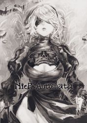 Rule 34 | 1girl, blindfold, breasts, cleavage, cleavage cutout, clothing cutout, crack, english text, grass, greyscale, hairband, highres, ito (silva), leotard, lying, mole, mole under mouth, monochrome, nier (series), nier:automata, on back, parted lips, puffy sleeves, rock, short hair, solo, turtleneck, 2b (nier:automata)